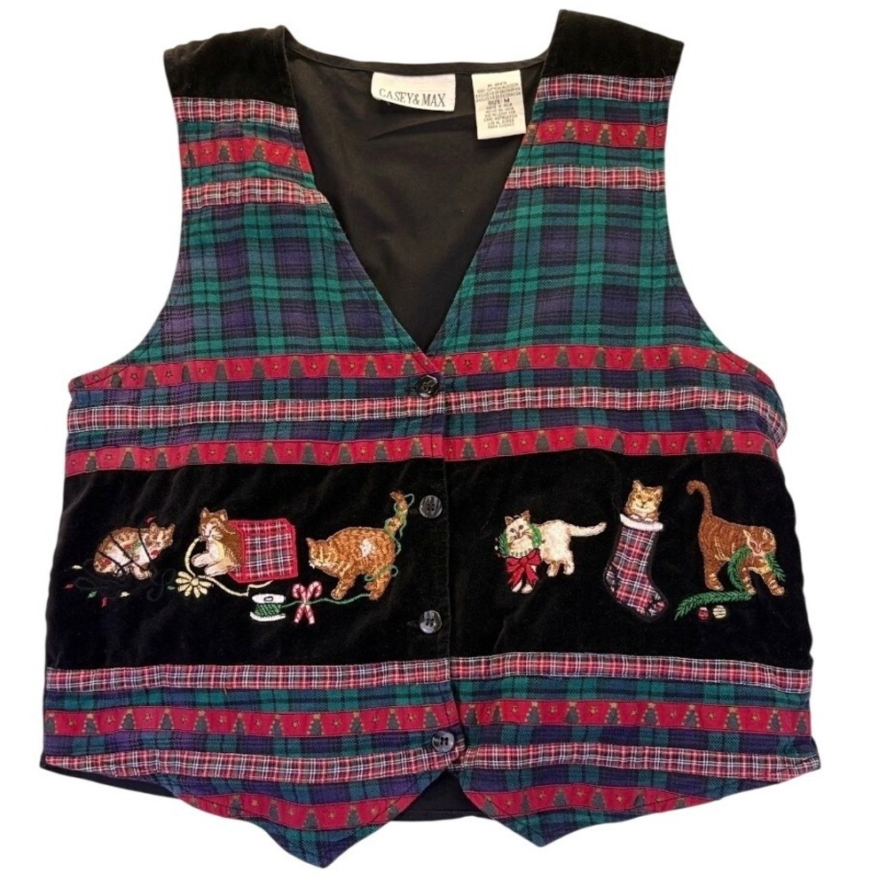 Casey & Max Vintage Christmas Cat Plaid Velvet Vest Womens M Holiday Retro Party
